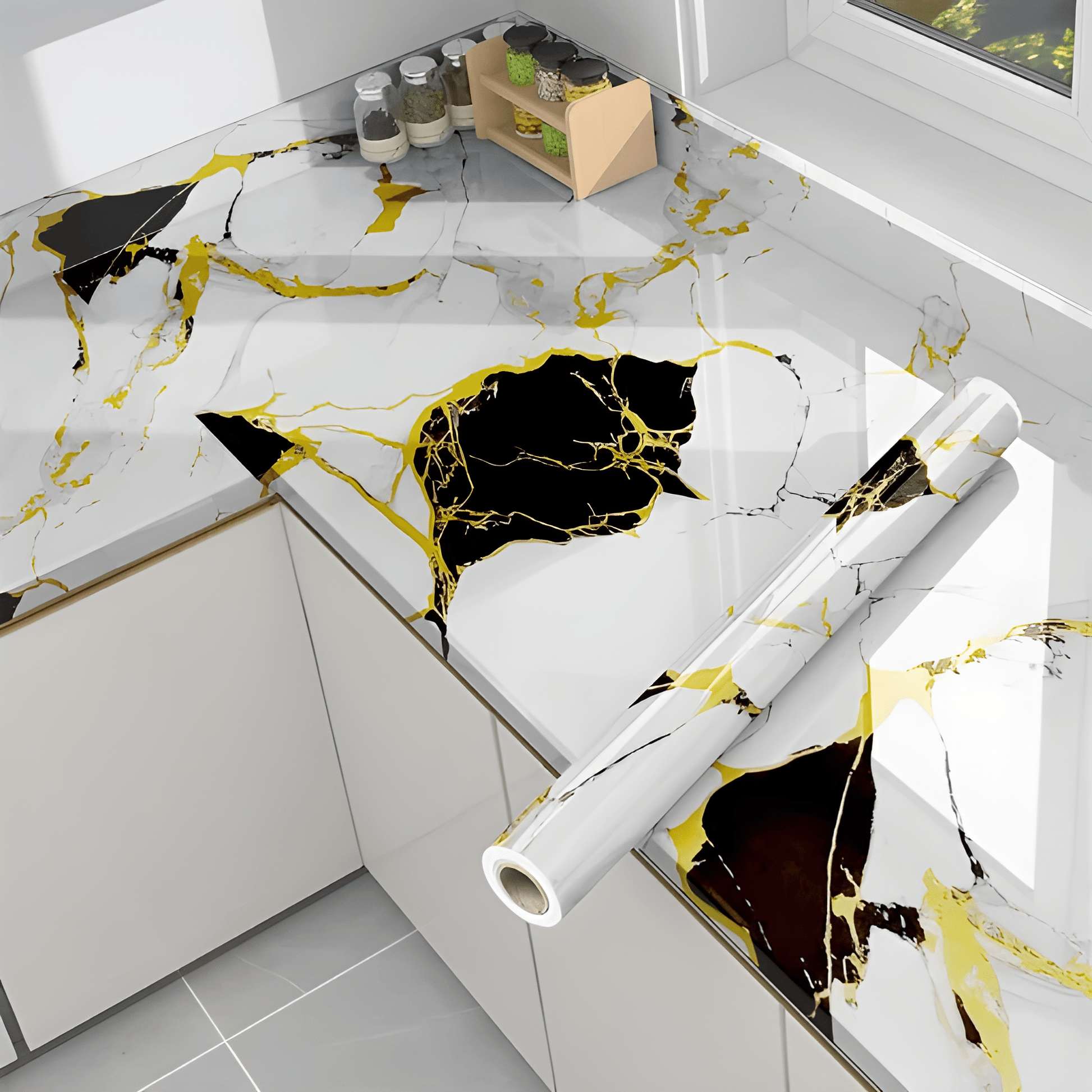 Black & Gold Blocks Marble Sticker (6.5 Feet X 2 Feet) - Macmlone